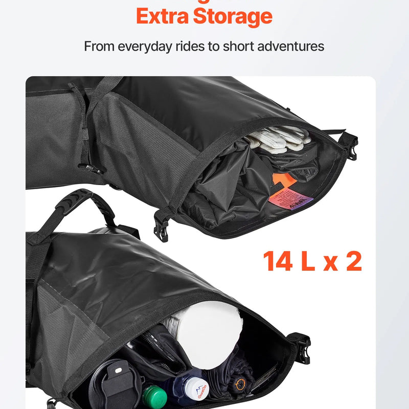 VEVOR motocikla sānu somas, 28 l (14 l x 2) lielas ietilpības motocikla sānu bagāžas somas, saderīgas ar lielāko daļu motociklu, ūdensizturīga āra motocikla bagāžas uzglabāšanas pleca soma ar apakšējo stiprinājuma siksnu, melna