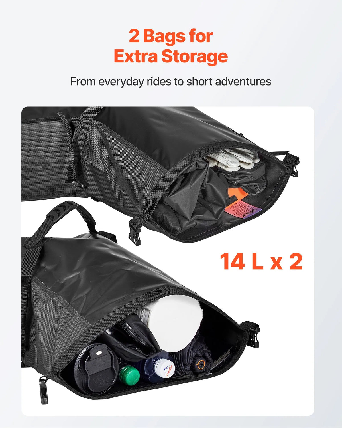VEVOR motocikla sānu somas, 28 l (14 l x 2) lielas ietilpības motocikla sānu bagāžas somas, saderīgas ar lielāko daļu motociklu, ūdensizturīga āra motocikla bagāžas uzglabāšanas pleca soma ar apakšējo stiprinājuma siksnu, melna