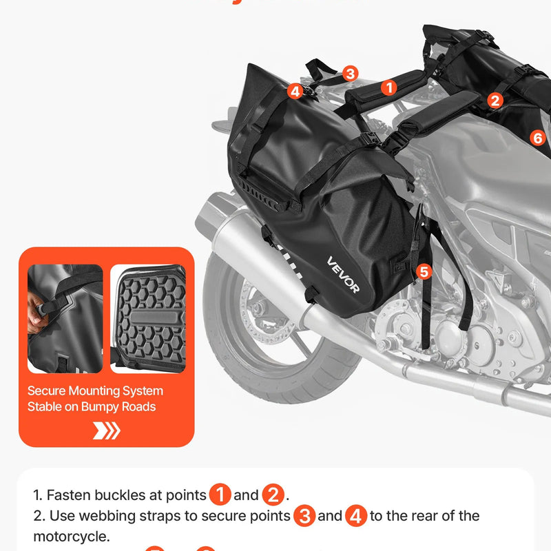 VEVOR motocikla sānu somas, 28 l (14 l x 2) lielas ietilpības motocikla sānu bagāžas somas, saderīgas ar lielāko daļu motociklu, ūdensizturīga āra motocikla bagāžas uzglabāšanas pleca soma ar apakšējo stiprinājuma siksnu, melna