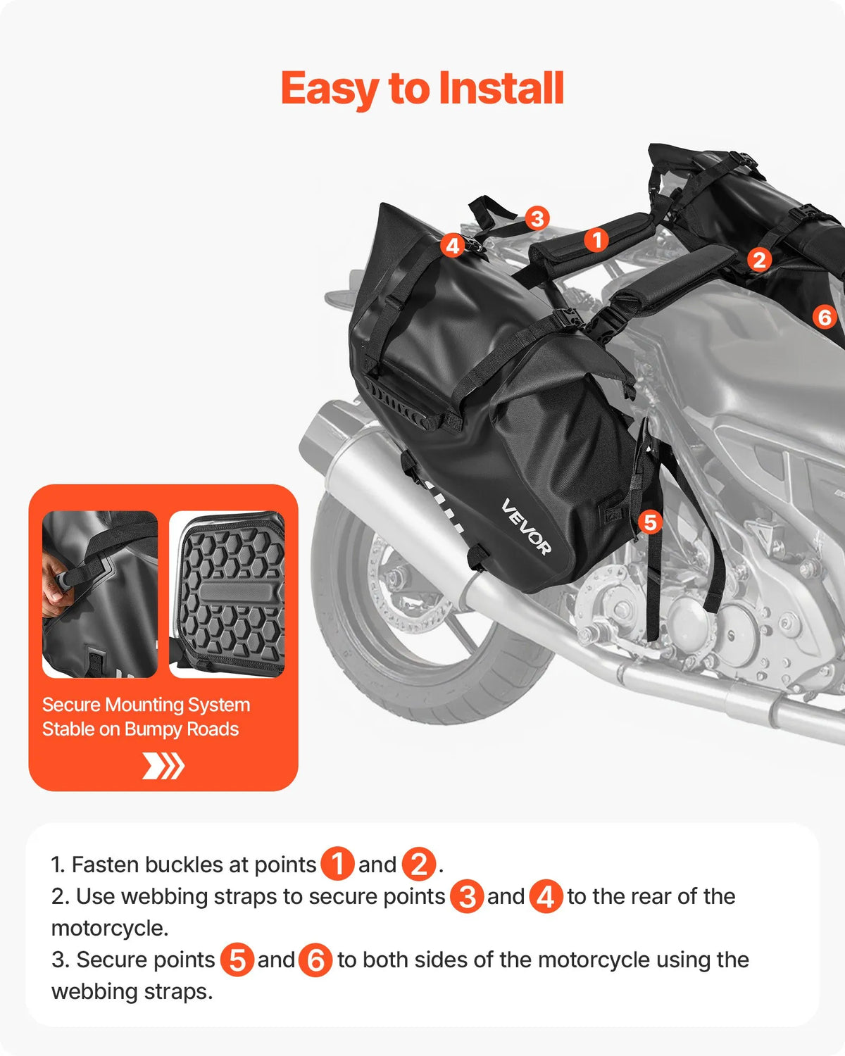 VEVOR motocikla sānu somas, 28 l (14 l x 2) lielas ietilpības motocikla sānu bagāžas somas, saderīgas ar lielāko daļu motociklu, ūdensizturīga āra motocikla bagāžas uzglabāšanas pleca soma ar apakšējo stiprinājuma siksnu, melna