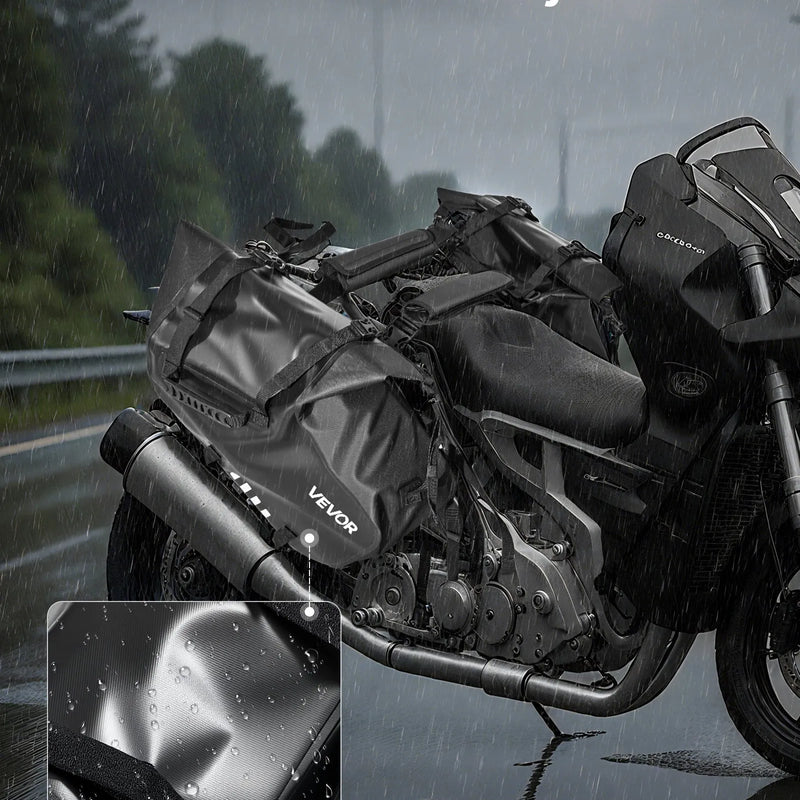 VEVOR motocikla sānu somas, 28 l (14 l x 2) lielas ietilpības motocikla sānu bagāžas somas, saderīgas ar lielāko daļu motociklu, ūdensizturīga āra motocikla bagāžas uzglabāšanas pleca soma ar apakšējo stiprinājuma siksnu, melna