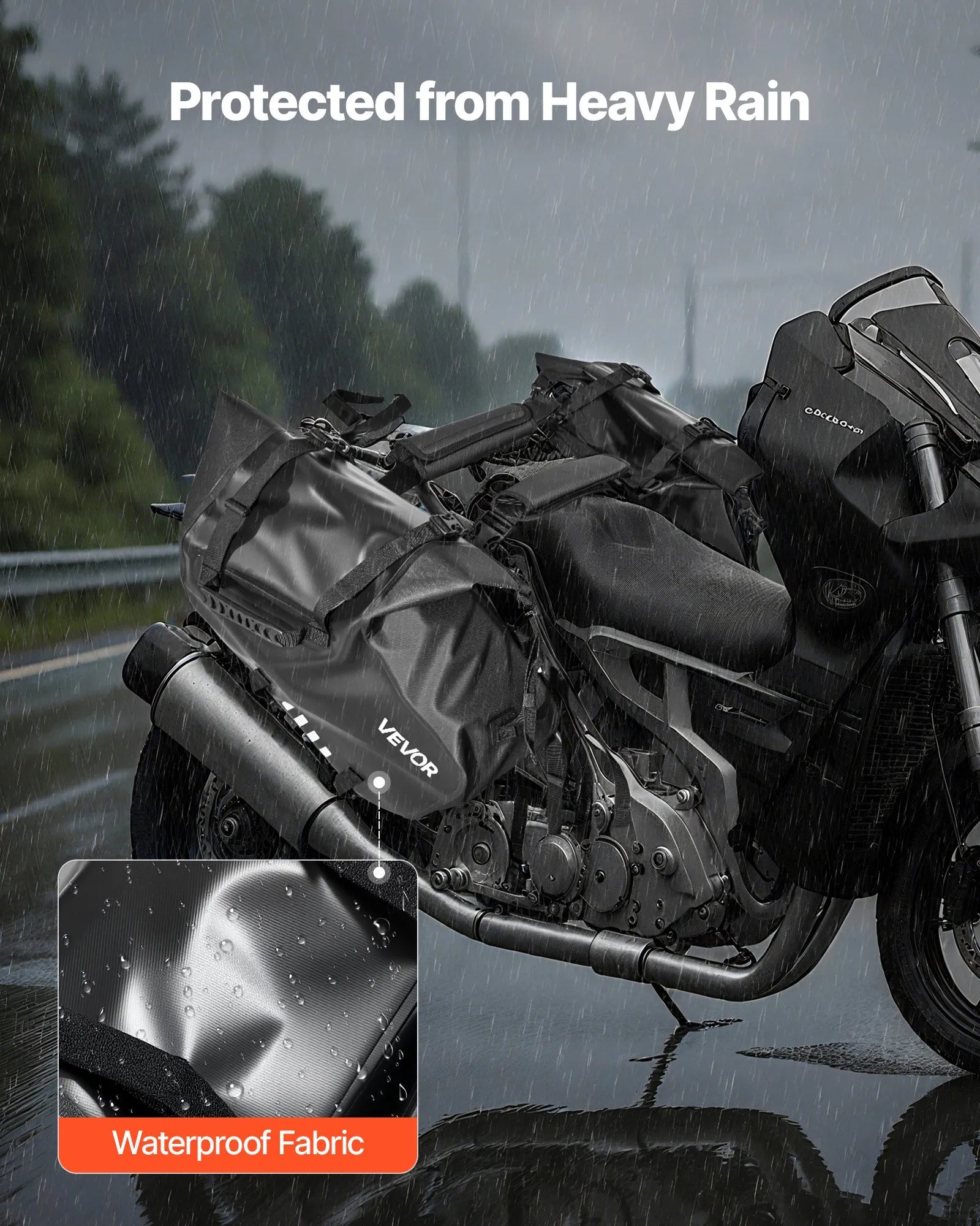 VEVOR motocikla sānu somas, 28 l (14 l x 2) lielas ietilpības motocikla sānu bagāžas somas, saderīgas ar lielāko daļu motociklu, ūdensizturīga āra motocikla bagāžas uzglabāšanas pleca soma ar apakšējo stiprinājuma siksnu, melna
