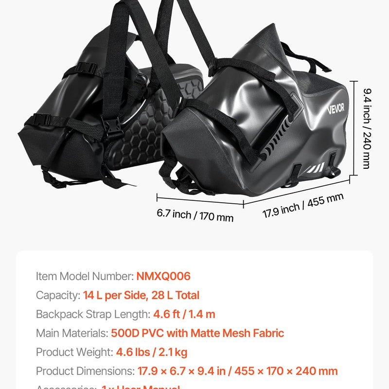 VEVOR motocikla sānu somas, 28 l (14 l x 2) lielas ietilpības motocikla sānu bagāžas somas, saderīgas ar lielāko daļu motociklu, ūdensizturīga āra motocikla bagāžas uzglabāšanas pleca soma ar apakšējo stiprinājuma siksnu, melna