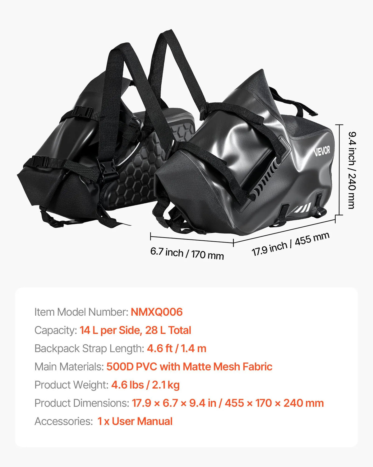 VEVOR motocikla sānu somas, 28 l (14 l x 2) lielas ietilpības motocikla sānu bagāžas somas, saderīgas ar lielāko daļu motociklu, ūdensizturīga āra motocikla bagāžas uzglabāšanas pleca soma ar apakšējo stiprinājuma siksnu, melna