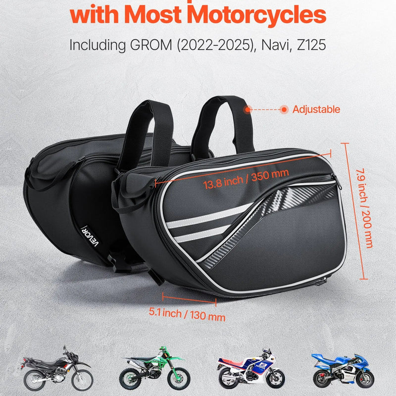 VEVOR motocikla sānu soma, 30 l (15 l x 2) ietilpīga motocikla sānu bagāžas soma ar ūdensnecaurlaidīgu lietus pārsegu un stiprinājuma siksnām, saderīga ar lielāko daļu motociklu, āra sporta motocikla bagāžas uzglabāšanas soma, melna