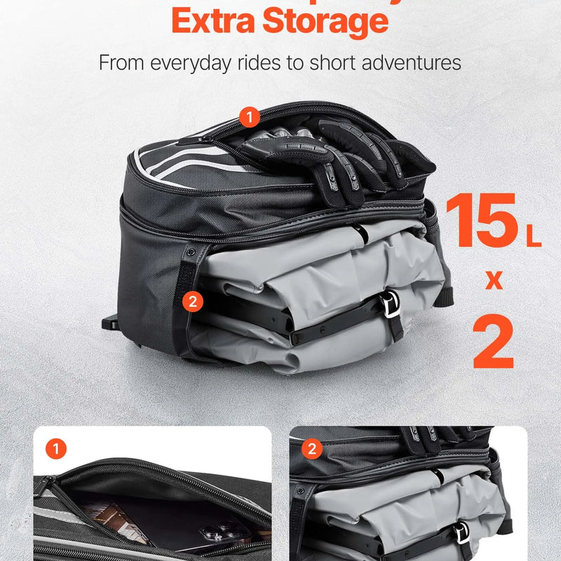 VEVOR motocikla sānu soma, 30 l (15 l x 2) ietilpīga motocikla sānu bagāžas soma ar ūdensnecaurlaidīgu lietus pārsegu un stiprinājuma siksnām, saderīga ar lielāko daļu motociklu, āra sporta motocikla bagāžas uzglabāšanas soma, melna
