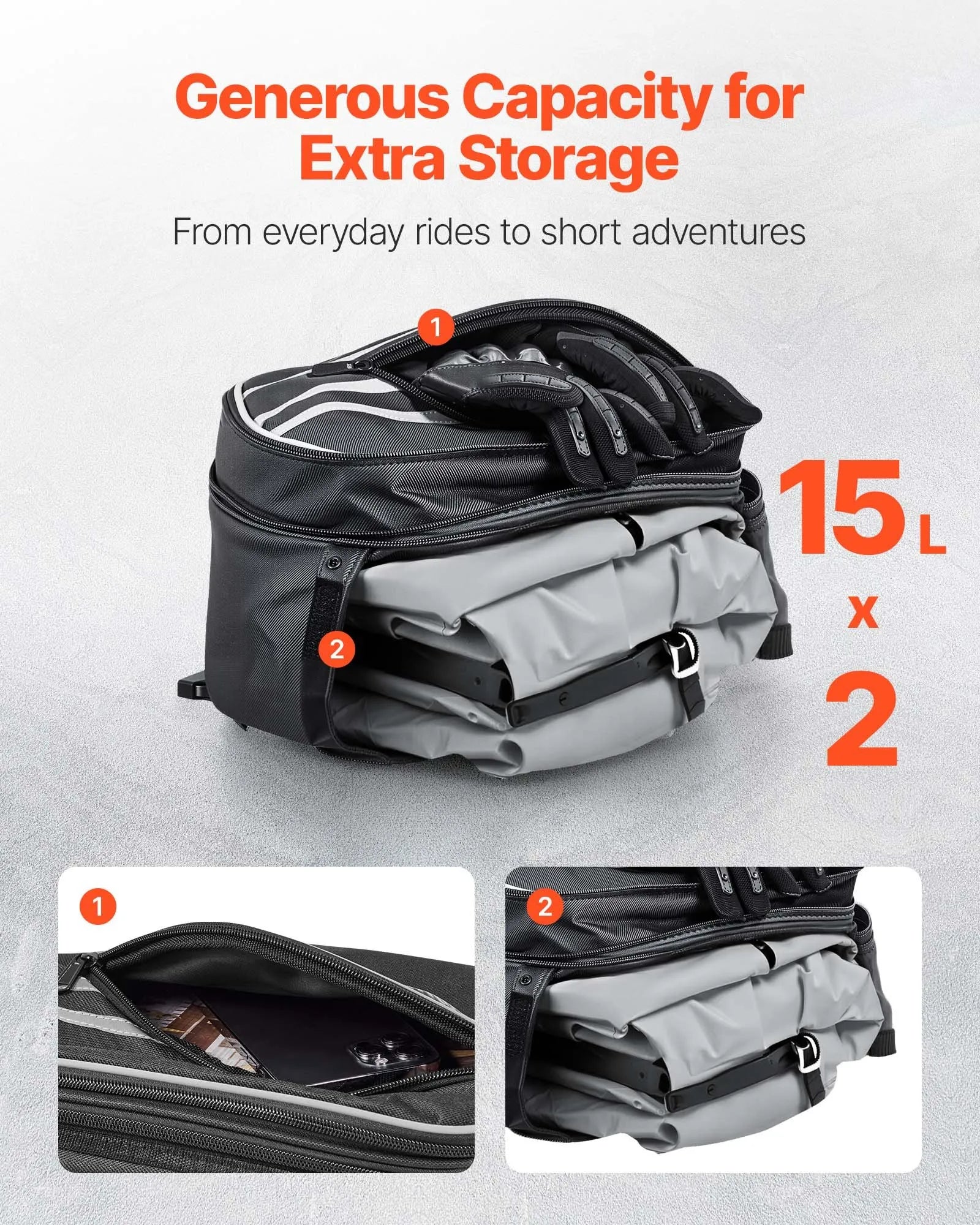 VEVOR motocikla sānu soma, 30 l (15 l x 2) ietilpīga motocikla sānu bagāžas soma ar ūdensnecaurlaidīgu lietus pārsegu un stiprinājuma siksnām, saderīga ar lielāko daļu motociklu, āra sporta motocikla bagāžas uzglabāšanas soma, melna