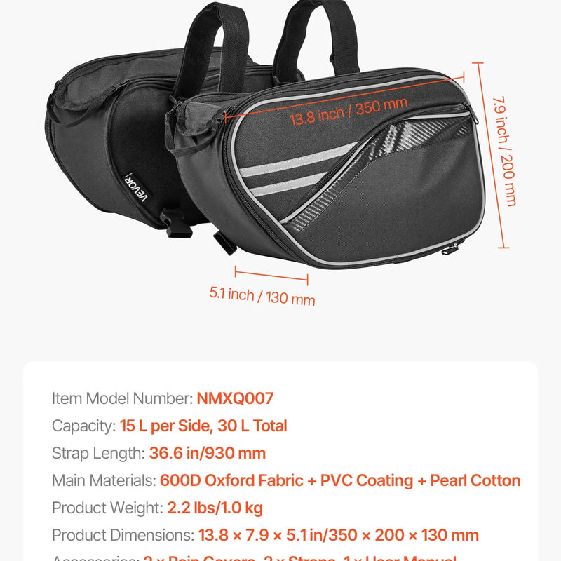 VEVOR motocikla sānu soma, 30 l (15 l x 2) ietilpīga motocikla sānu bagāžas soma ar ūdensnecaurlaidīgu lietus pārsegu un stiprinājuma siksnām, saderīga ar lielāko daļu motociklu, āra sporta motocikla bagāžas uzglabāšanas soma, melna
