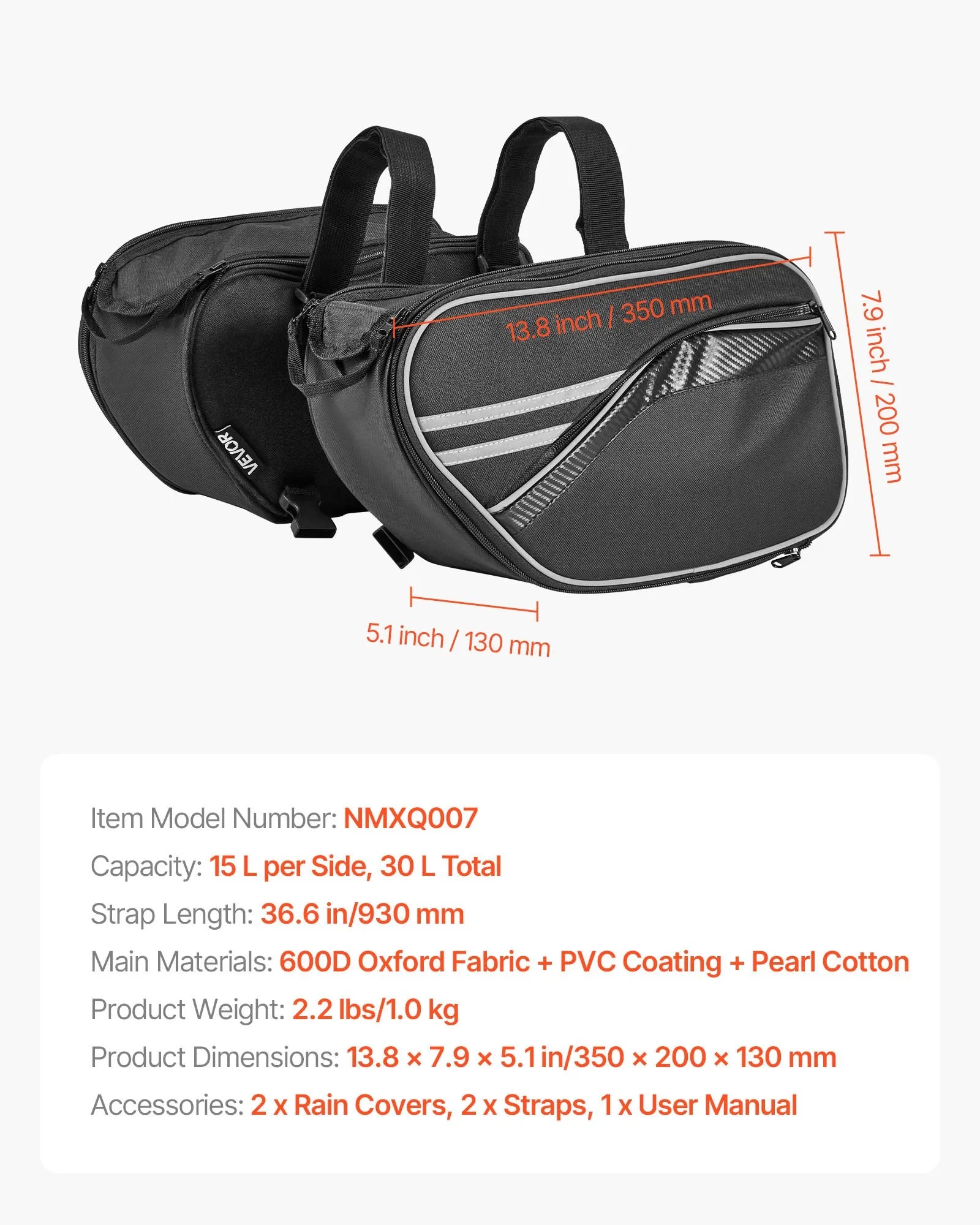 VEVOR motocikla sānu soma, 30 l (15 l x 2) ietilpīga motocikla sānu bagāžas soma ar ūdensnecaurlaidīgu lietus pārsegu un stiprinājuma siksnām, saderīga ar lielāko daļu motociklu, āra sporta motocikla bagāžas uzglabāšanas soma, melna