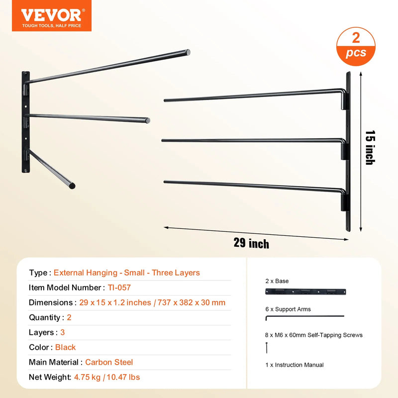 VEVOR sienas seglu statīvs 78 × 76 × 14 cm, 2 gab. komplekts ar izvirzāmiem 3 līmeņu seglu turētājiem, vietu taupošs seglu un segu turētājs ekipējuma telpas organizācijai