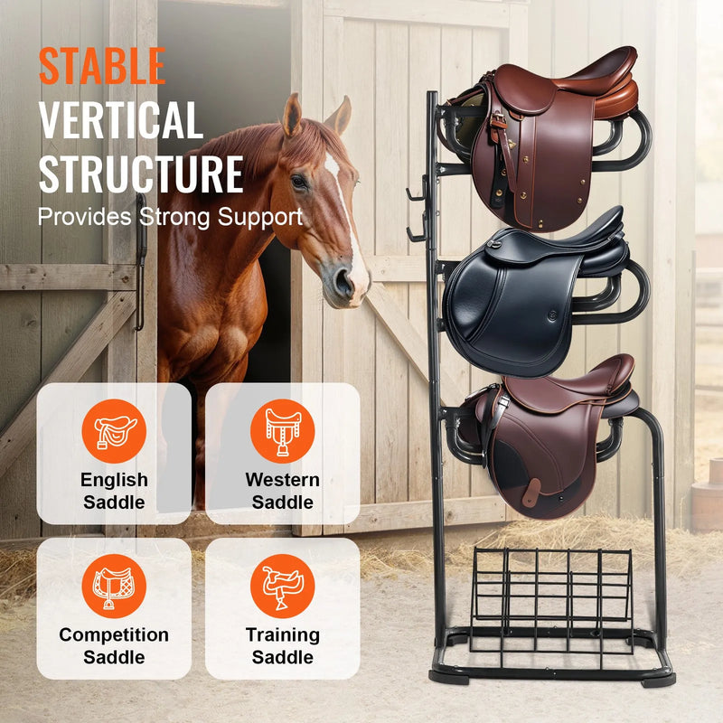 VEVOR brīvi stāvošs seglu statīvs 76 × 76 × 174 cm, 3 līmeņu seglu turētājs ar noņemamām un rotējošām sekcijām, izturīgs seglu un segu turētājs angļu un rietumu tipa segliem ekipējuma telpas organizēšanai