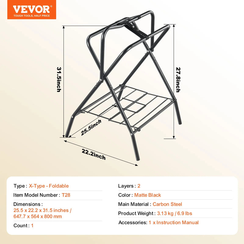 VEVOR salokāms seglu statīvs 71 × 48 × 95 cm, brīvi stāvošs un pārnēsājams seglu un segu turētājs no izturīga tērauda, piemērots angļu un rietumu tipa segliem, ekipējuma glabāšanai, melns