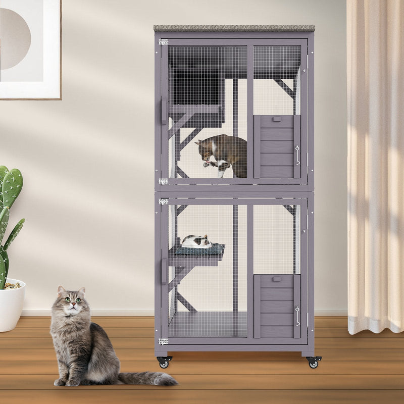 VEVOR āra kaķu māja – 3 līmeņu liels voljērs ar ritentiņiem, platformām, guļvietu un lielām durvīm – 76 x 86 x 163 cm