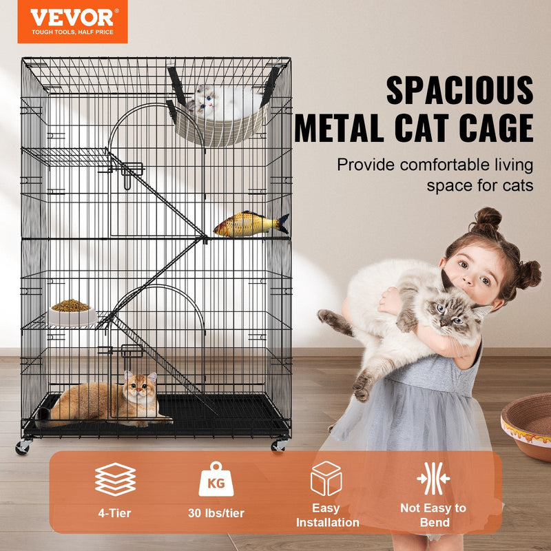 VEVOR 4-stāvu kaķu būris ar 360° rotējošām kājām, 3 kāpnēm un šūpuļkrēslu, piemērots 1–3 kaķiem, 900 x 600 x 1330 mm