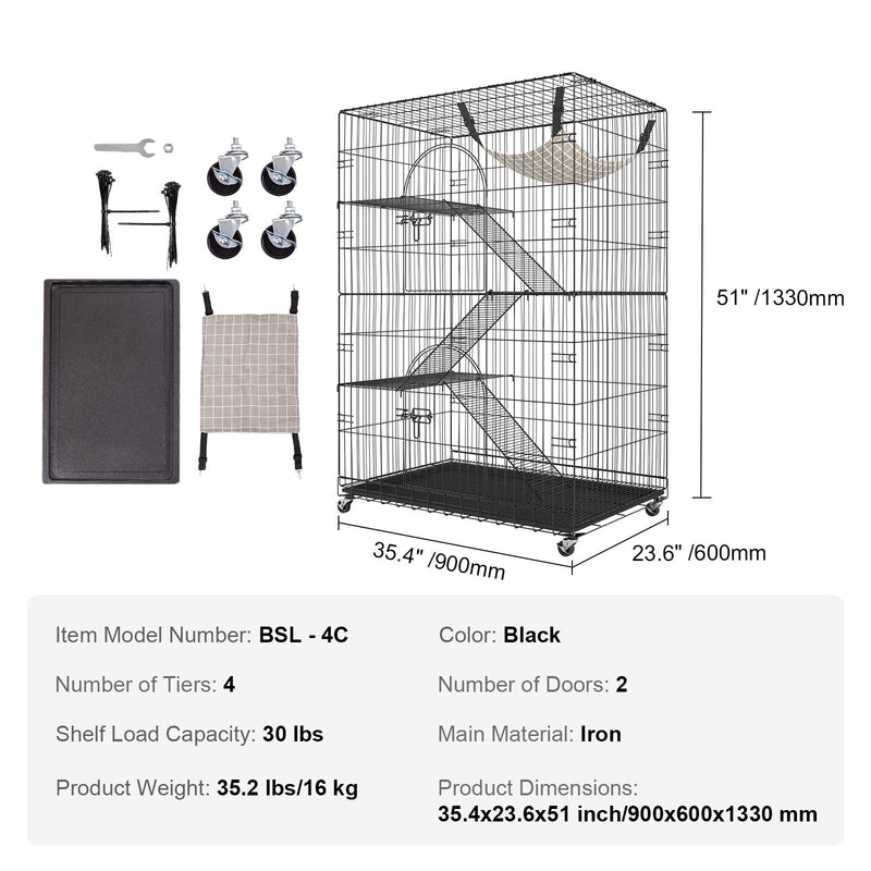 VEVOR 4-stāvu kaķu būris ar 360° rotējošām kājām, 3 kāpnēm un šūpuļkrēslu, piemērots 1–3 kaķiem, 900 x 600 x 1330 mm