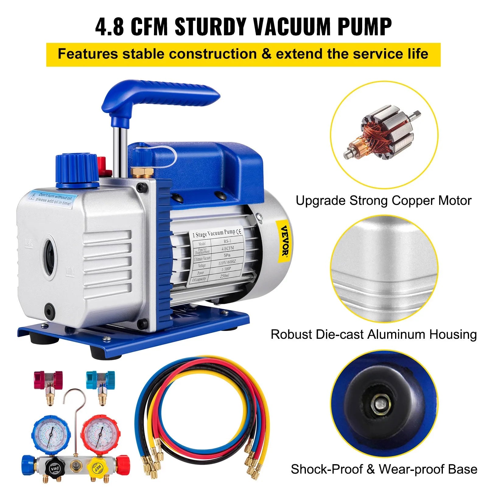 VEVOR AC vakuuma sūkņa un manometru kolektora komplekts, 4,8 CFM (136 l/min) HVAC vakuuma sūknis ar galējo vakuumu 5 Pa, ar uzglabāšanas kasti.