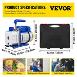 VEVOR AC vakuuma sūkņa un manometru kolektora komplekts, 4,8 CFM (136 l/min) HVAC vakuuma sūknis ar galējo vakuumu 5 Pa, ar uzglabāšanas kasti.