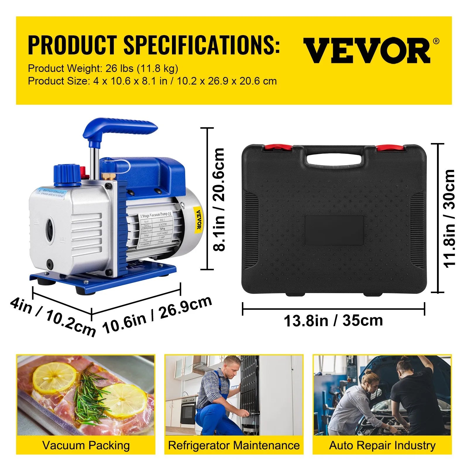 VEVOR AC vakuuma sūkņa un manometru kolektora komplekts, 4,8 CFM (136 l/min) HVAC vakuuma sūknis ar galējo vakuumu 5 Pa, ar uzglabāšanas kasti.