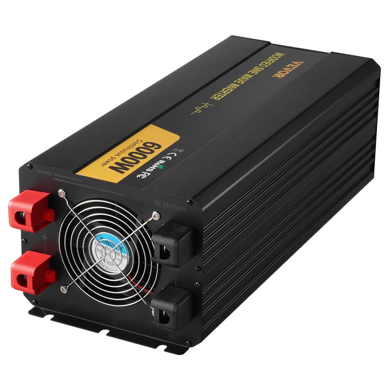 VEVOR 6000 W modificētas sinusoidālās strāvas invertors 12 V DC–230 V AC ar LCD displeju un tālvadības pulti, LED indikatoriem un ES kontaktligzdām, piemērots automašīnām, kemperiem, kravas auto, laivām, ceļošanai un kempingam