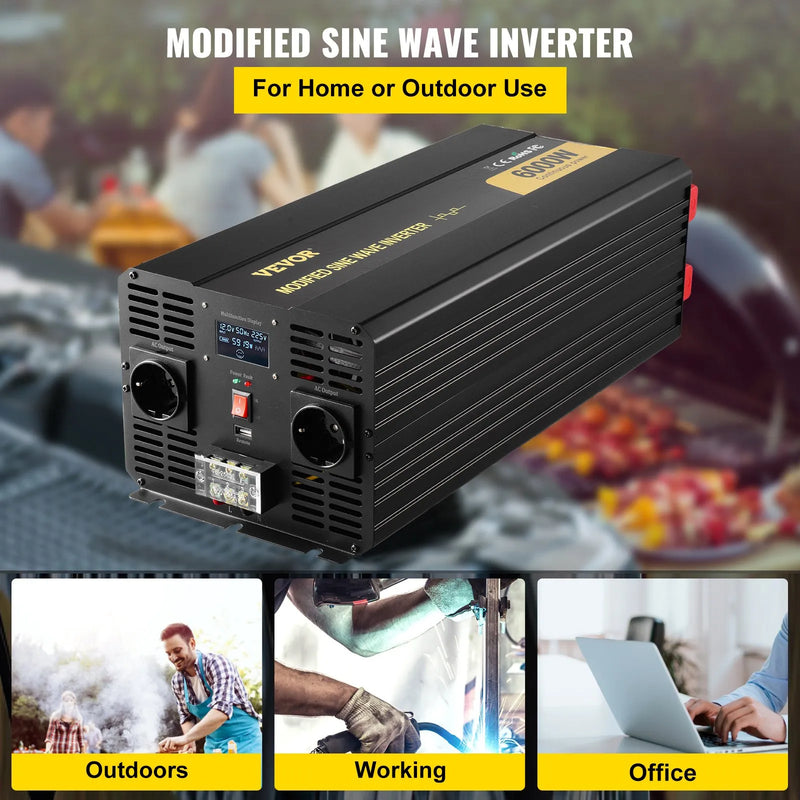 VEVOR 6000 W modificētas sinusoidālās strāvas invertors 12 V DC–230 V AC ar LCD displeju un tālvadības pulti, LED indikatoriem un ES kontaktligzdām, piemērots automašīnām, kemperiem, kravas auto, laivām, ceļošanai un kempingam