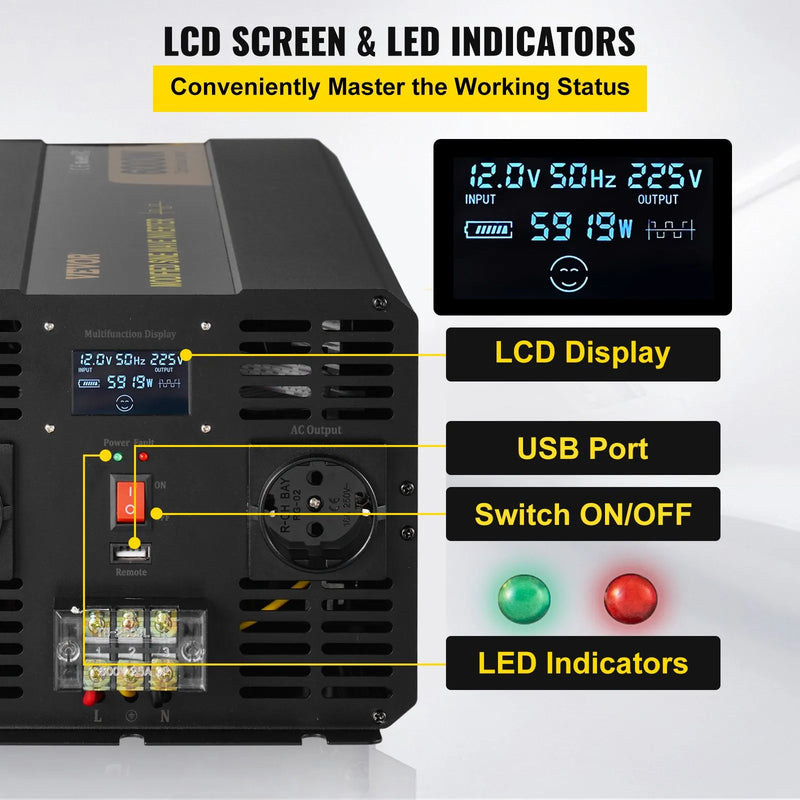 VEVOR 6000 W modificētas sinusoidālās strāvas invertors 12 V DC–230 V AC ar LCD displeju un tālvadības pulti, LED indikatoriem un ES kontaktligzdām, piemērots automašīnām, kemperiem, kravas auto, laivām, ceļošanai un kempingam