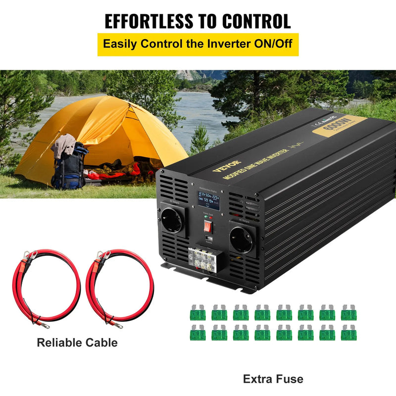 VEVOR 6000 W modificētas sinusoidālās strāvas invertors 12 V DC–230 V AC ar LCD displeju un tālvadības pulti, LED indikatoriem un ES kontaktligzdām, piemērots automašīnām, kemperiem, kravas auto, laivām, ceļošanai un kempingam