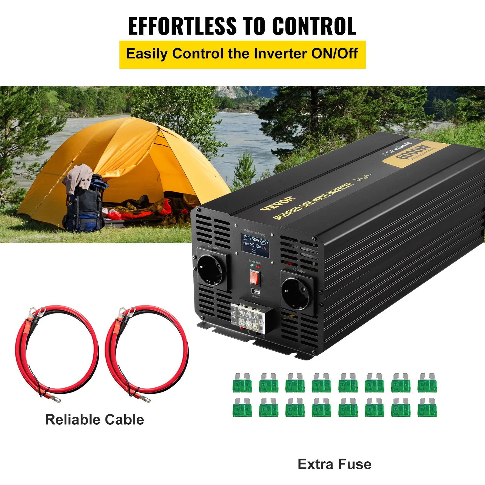 VEVOR 6000 W modificētas sinusoidālās strāvas invertors 12 V DC–230 V AC ar LCD displeju un tālvadības pulti, LED indikatoriem un ES kontaktligzdām, piemērots automašīnām, kemperiem, kravas auto, laivām, ceļošanai un kempingam