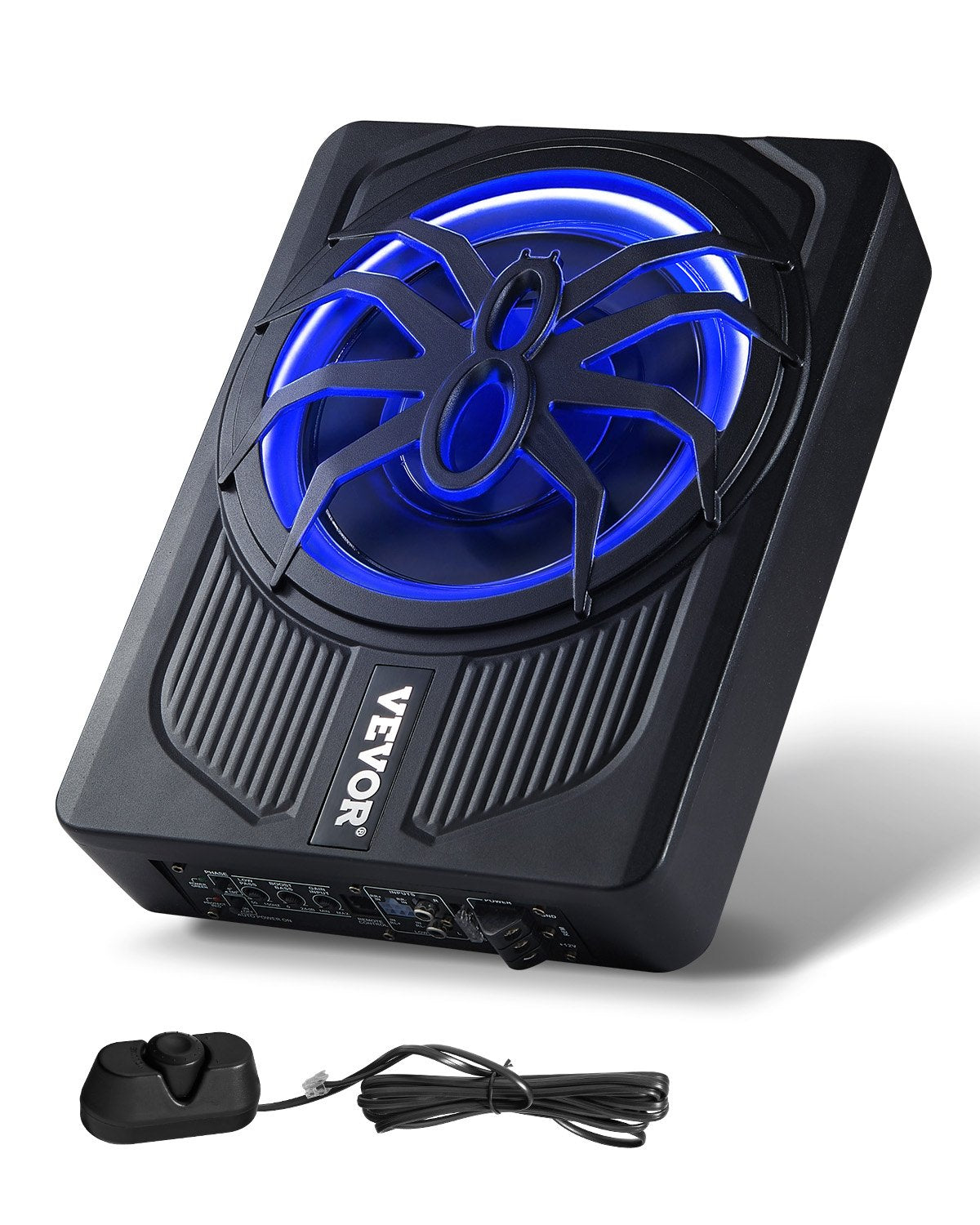 VEVOR 25 cm 440 W zem sēdekļa automašīnas subwooferis ar iebūvētu pastiprinātāju un zilu ambient apgaismojumu, zema profila aktīvais auto subwooferis ar tālvadības pulti, piemērots SUV, automašīnām, kravas auto un RV