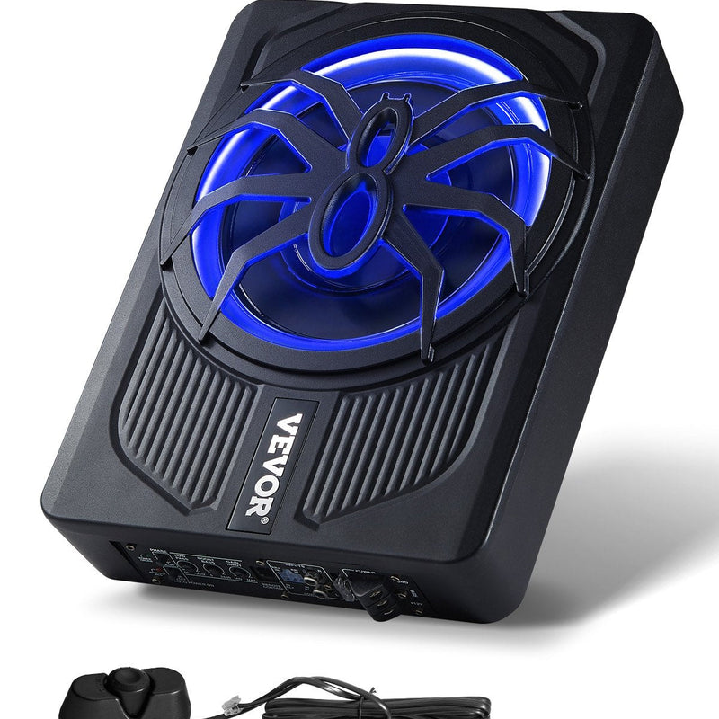 VEVOR 25 cm 440 W zem sēdekļa automašīnas subwooferis ar iebūvētu pastiprinātāju un zilu ambient apgaismojumu, zema profila aktīvais auto subwooferis ar tālvadības pulti, piemērots SUV, automašīnām, kravas auto un RV