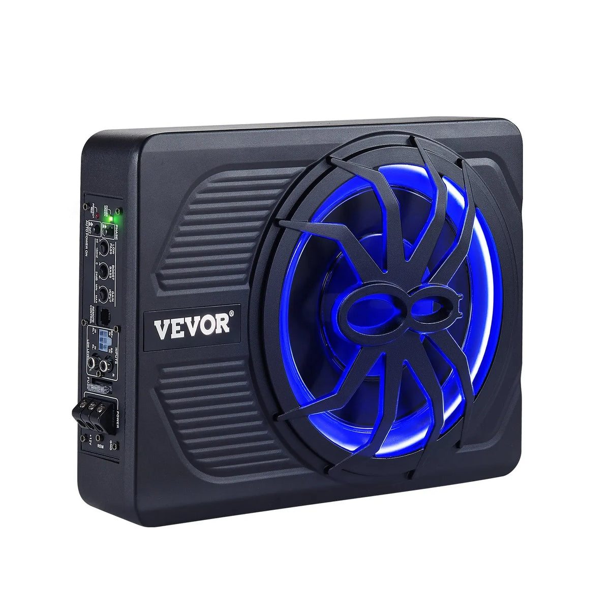 VEVOR 25 cm 440 W zem sēdekļa automašīnas subwooferis ar iebūvētu pastiprinātāju un zilu ambient apgaismojumu, zema profila aktīvais auto subwooferis ar tālvadības pulti, piemērots SUV, automašīnām, kravas auto un RV