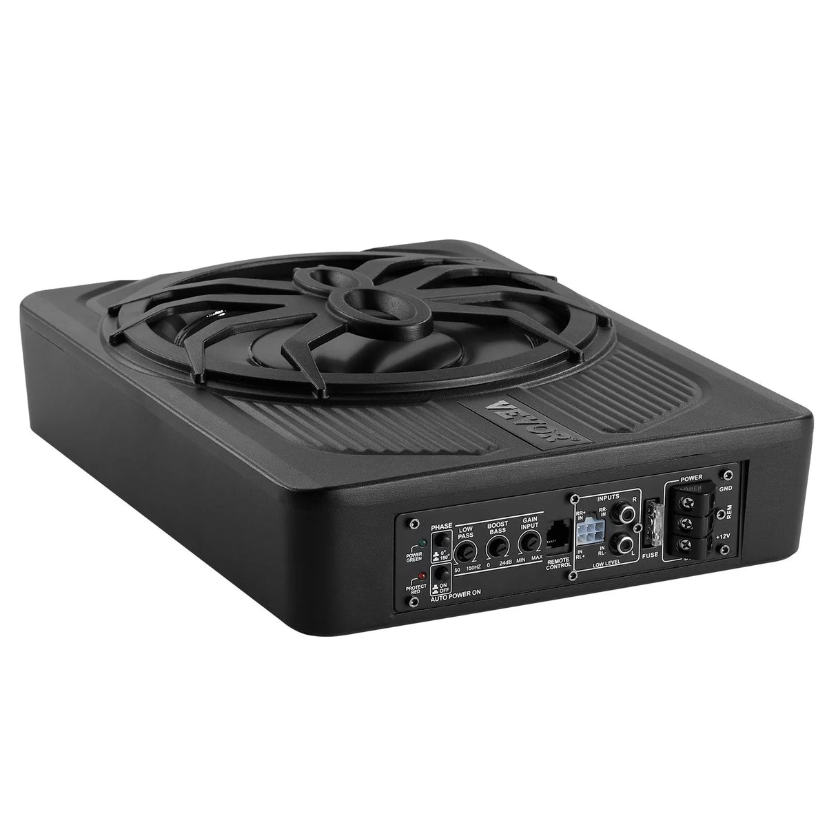 VEVOR 25 cm 440 W zem sēdekļa automašīnas subwooferis ar iebūvētu pastiprinātāju un zilu ambient apgaismojumu, zema profila aktīvais auto subwooferis ar tālvadības pulti, piemērots SUV, automašīnām, kravas auto un RV