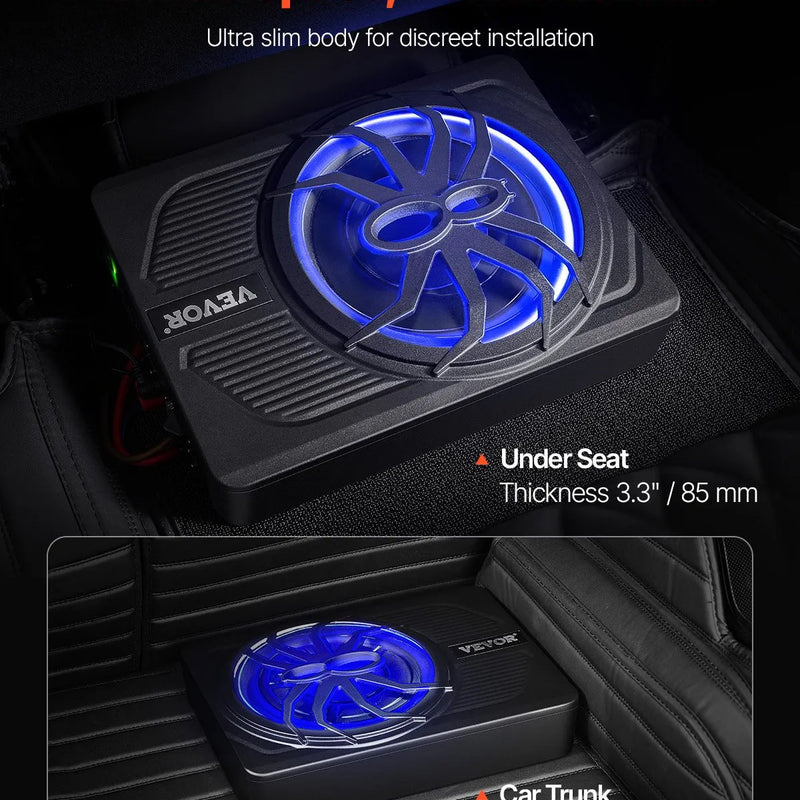 VEVOR 25 cm 440 W zem sēdekļa automašīnas subwooferis ar iebūvētu pastiprinātāju un zilu ambient apgaismojumu, zema profila aktīvais auto subwooferis ar tālvadības pulti, piemērots SUV, automašīnām, kravas auto un RV