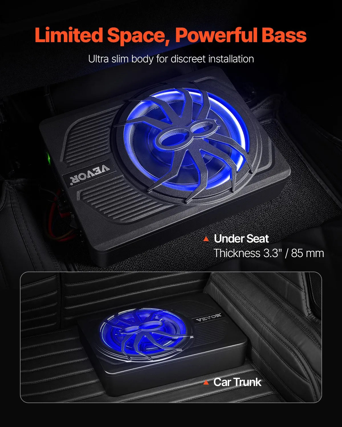 VEVOR 25 cm 440 W zem sēdekļa automašīnas subwooferis ar iebūvētu pastiprinātāju un zilu ambient apgaismojumu, zema profila aktīvais auto subwooferis ar tālvadības pulti, piemērots SUV, automašīnām, kravas auto un RV