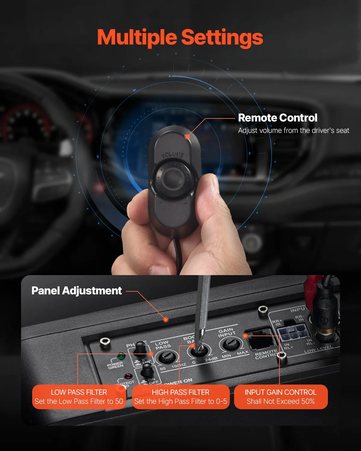 VEVOR 25 cm 440 W zem sēdekļa automašīnas subwooferis ar iebūvētu pastiprinātāju un zilu ambient apgaismojumu, zema profila aktīvais auto subwooferis ar tālvadības pulti, piemērots SUV, automašīnām, kravas auto un RV