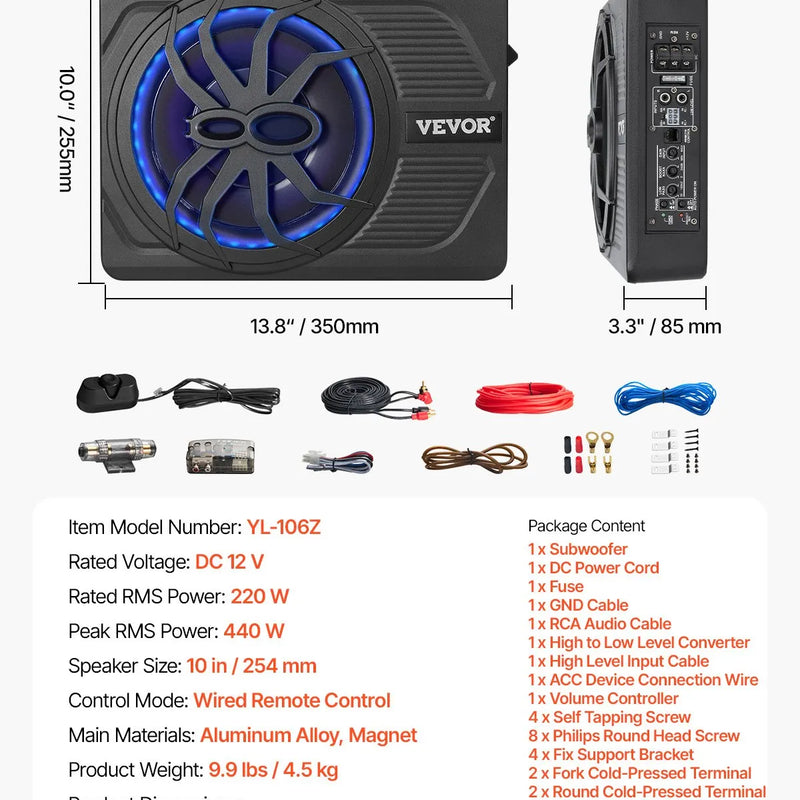 VEVOR 25 cm 440 W zem sēdekļa automašīnas subwooferis ar iebūvētu pastiprinātāju un zilu ambient apgaismojumu, zema profila aktīvais auto subwooferis ar tālvadības pulti, piemērots SUV, automašīnām, kravas auto un RV