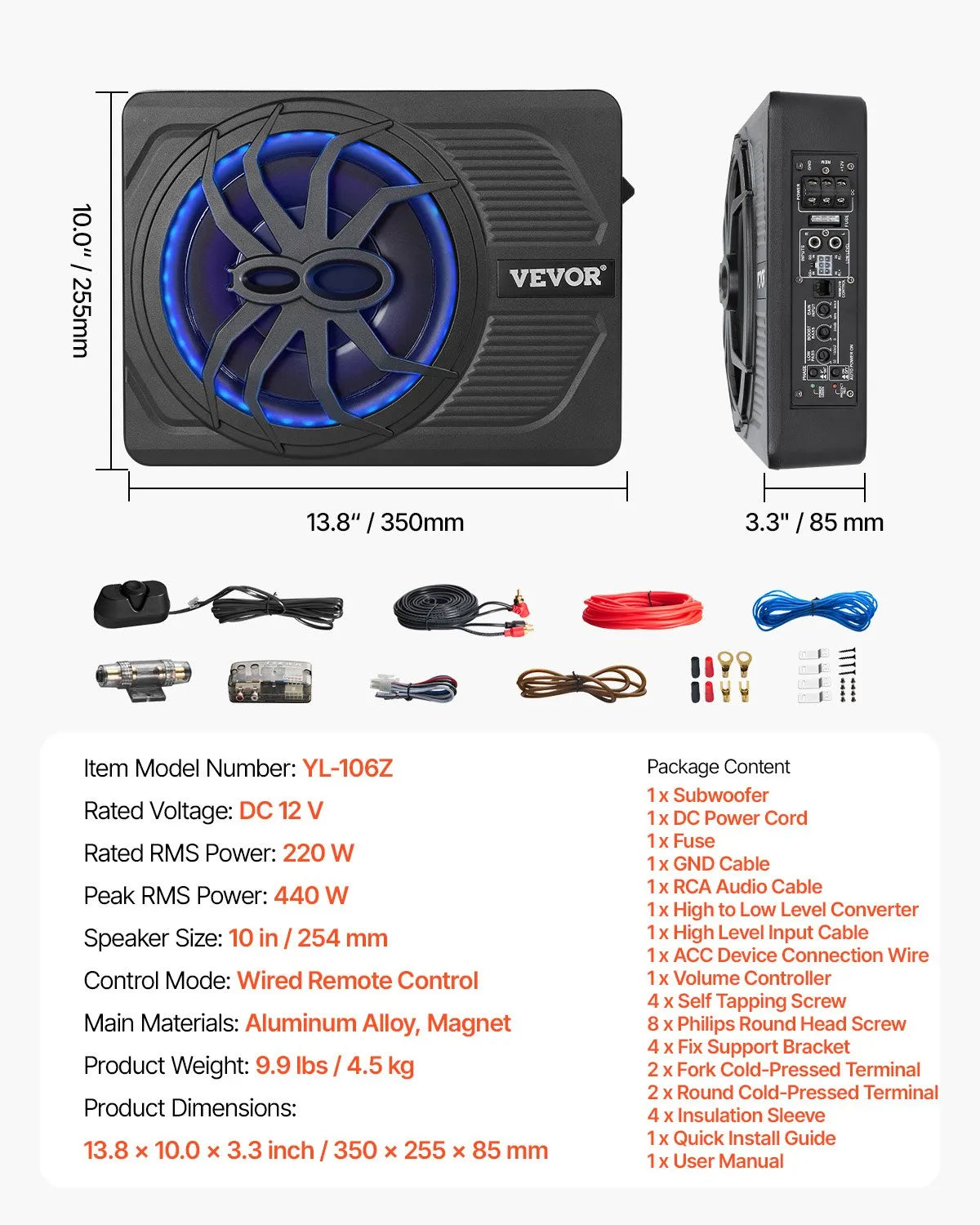 VEVOR 25 cm 440 W zem sēdekļa automašīnas subwooferis ar iebūvētu pastiprinātāju un zilu ambient apgaismojumu, zema profila aktīvais auto subwooferis ar tālvadības pulti, piemērots SUV, automašīnām, kravas auto un RV