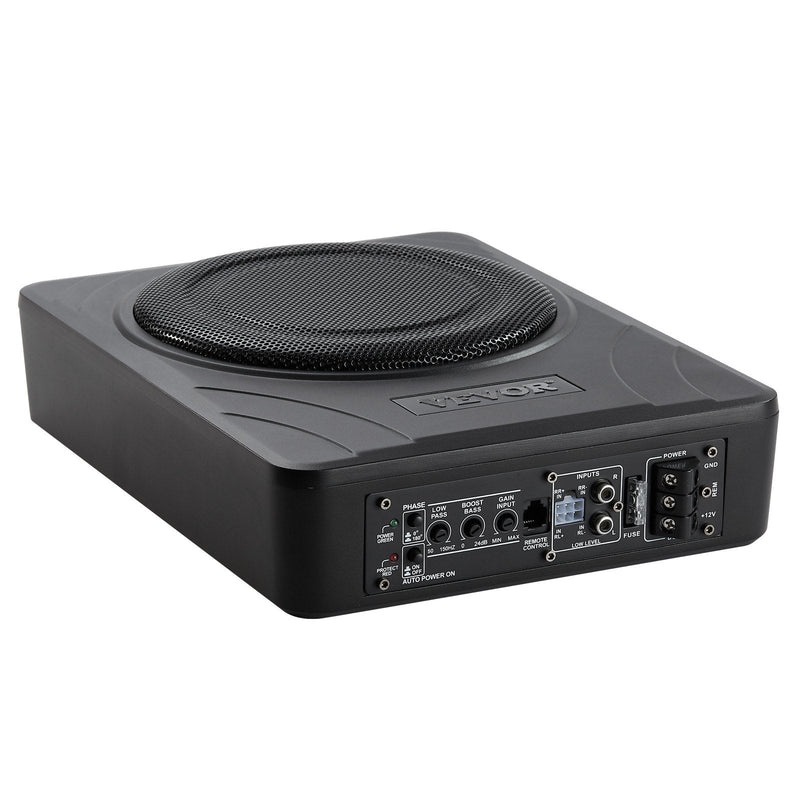 VEVOR 20 cm 300 W zem sēdekļa automašīnas subwooferis ar iebūvētu pastiprinātāju, zema profila aktīvais auto subwooferis ar High/Low Level ieejām un skaļuma regulatoru, piemērots SUV, automašīnām, kravas auto un RV
