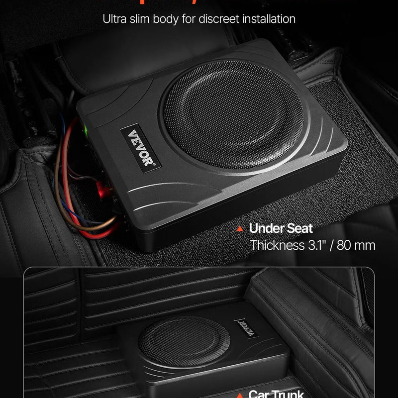 VEVOR 20 cm 300 W zem sēdekļa automašīnas subwooferis ar iebūvētu pastiprinātāju, zema profila aktīvais auto subwooferis ar High/Low Level ieejām un skaļuma regulatoru, piemērots SUV, automašīnām, kravas auto un RV