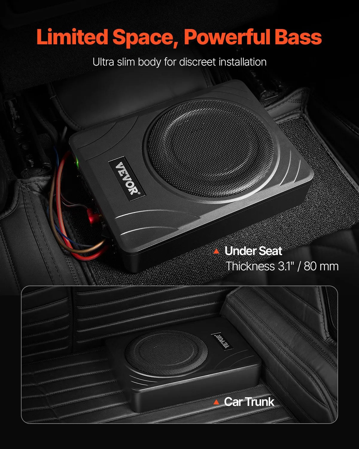 VEVOR 20 cm 300 W zem sēdekļa automašīnas subwooferis ar iebūvētu pastiprinātāju, zema profila aktīvais auto subwooferis ar High/Low Level ieejām un skaļuma regulatoru, piemērots SUV, automašīnām, kravas auto un RV