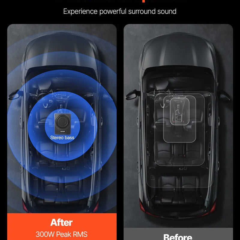VEVOR 20 cm 300 W zem sēdekļa automašīnas subwooferis ar iebūvētu pastiprinātāju, zema profila aktīvais auto subwooferis ar High/Low Level ieejām un skaļuma regulatoru, piemērots SUV, automašīnām, kravas auto un RV