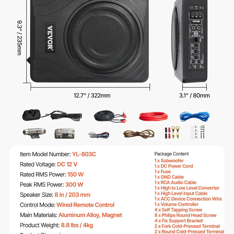 VEVOR 20 cm 300 W zem sēdekļa automašīnas subwooferis ar iebūvētu pastiprinātāju, zema profila aktīvais auto subwooferis ar High/Low Level ieejām un skaļuma regulatoru, piemērots SUV, automašīnām, kravas auto un RV