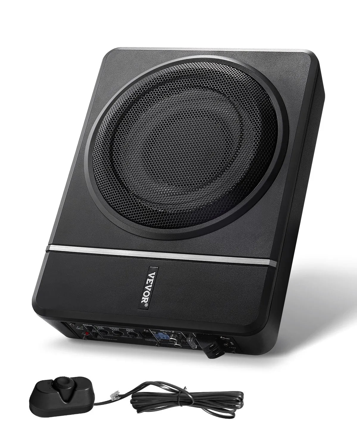 VEVOR 20 cm 240 W zem sēdekļa automašīnas subwooferis ar iebūvētu pastiprinātāju, zema profila aktīvais auto subwooferis ar High/Low Level ieejām un skaļuma regulatoru, piemērots SUV, automašīnām, kravas auto un RV