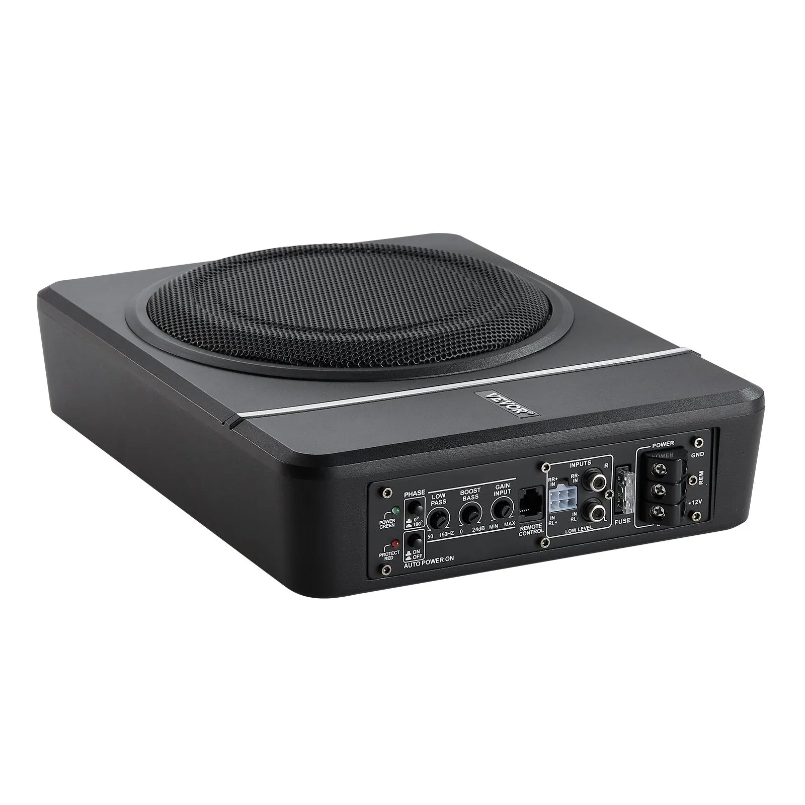 VEVOR 20 cm 240 W zem sēdekļa automašīnas subwooferis ar iebūvētu pastiprinātāju, zema profila aktīvais auto subwooferis ar High/Low Level ieejām un skaļuma regulatoru, piemērots SUV, automašīnām, kravas auto un RV