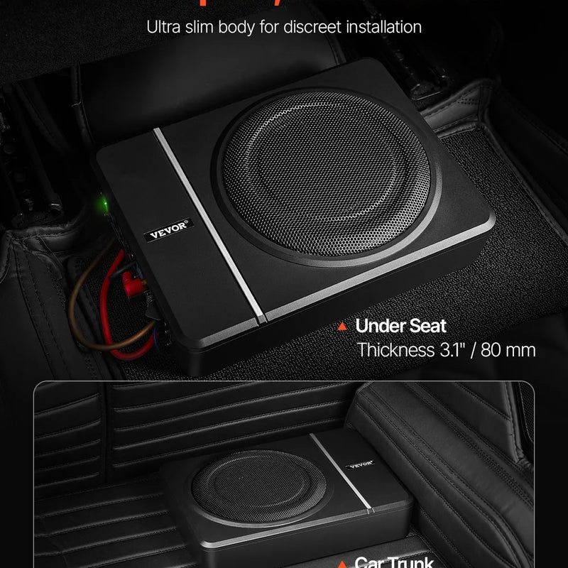 VEVOR 20 cm 240 W zem sēdekļa automašīnas subwooferis ar iebūvētu pastiprinātāju, zema profila aktīvais auto subwooferis ar High/Low Level ieejām un skaļuma regulatoru, piemērots SUV, automašīnām, kravas auto un RV