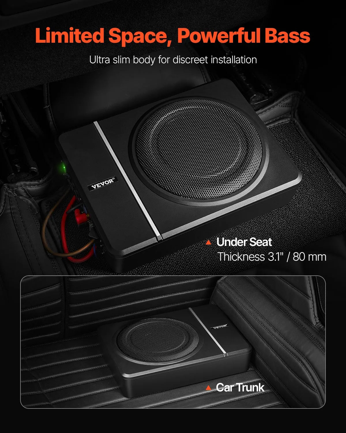 VEVOR 20 cm 240 W zem sēdekļa automašīnas subwooferis ar iebūvētu pastiprinātāju, zema profila aktīvais auto subwooferis ar High/Low Level ieejām un skaļuma regulatoru, piemērots SUV, automašīnām, kravas auto un RV