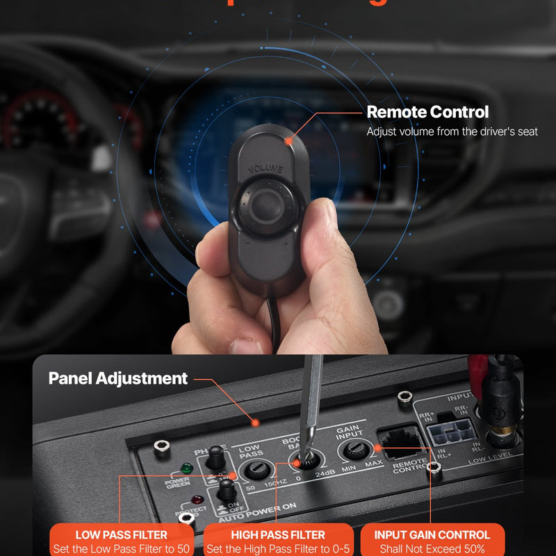 VEVOR 20 cm 240 W zem sēdekļa automašīnas subwooferis ar iebūvētu pastiprinātāju, zema profila aktīvais auto subwooferis ar High/Low Level ieejām un skaļuma regulatoru, piemērots SUV, automašīnām, kravas auto un RV