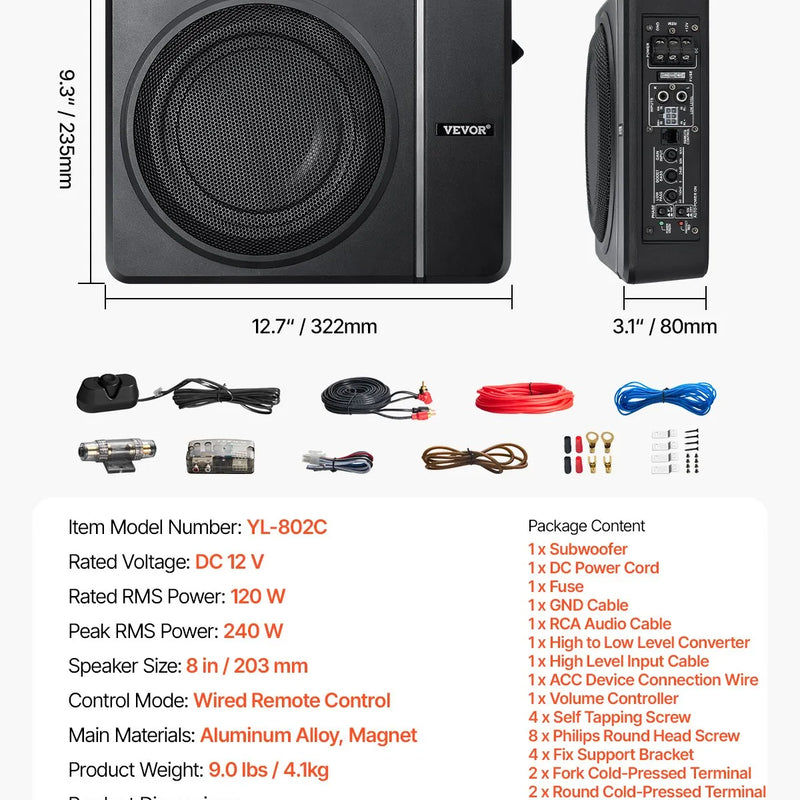 VEVOR 20 cm 240 W zem sēdekļa automašīnas subwooferis ar iebūvētu pastiprinātāju, zema profila aktīvais auto subwooferis ar High/Low Level ieejām un skaļuma regulatoru, piemērots SUV, automašīnām, kravas auto un RV