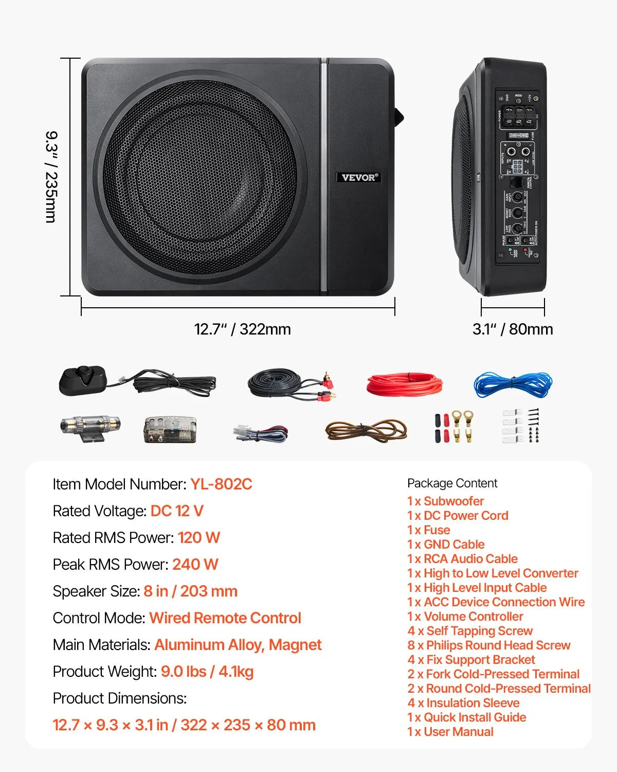VEVOR 20 cm 240 W zem sēdekļa automašīnas subwooferis ar iebūvētu pastiprinātāju, zema profila aktīvais auto subwooferis ar High/Low Level ieejām un skaļuma regulatoru, piemērots SUV, automašīnām, kravas auto un RV