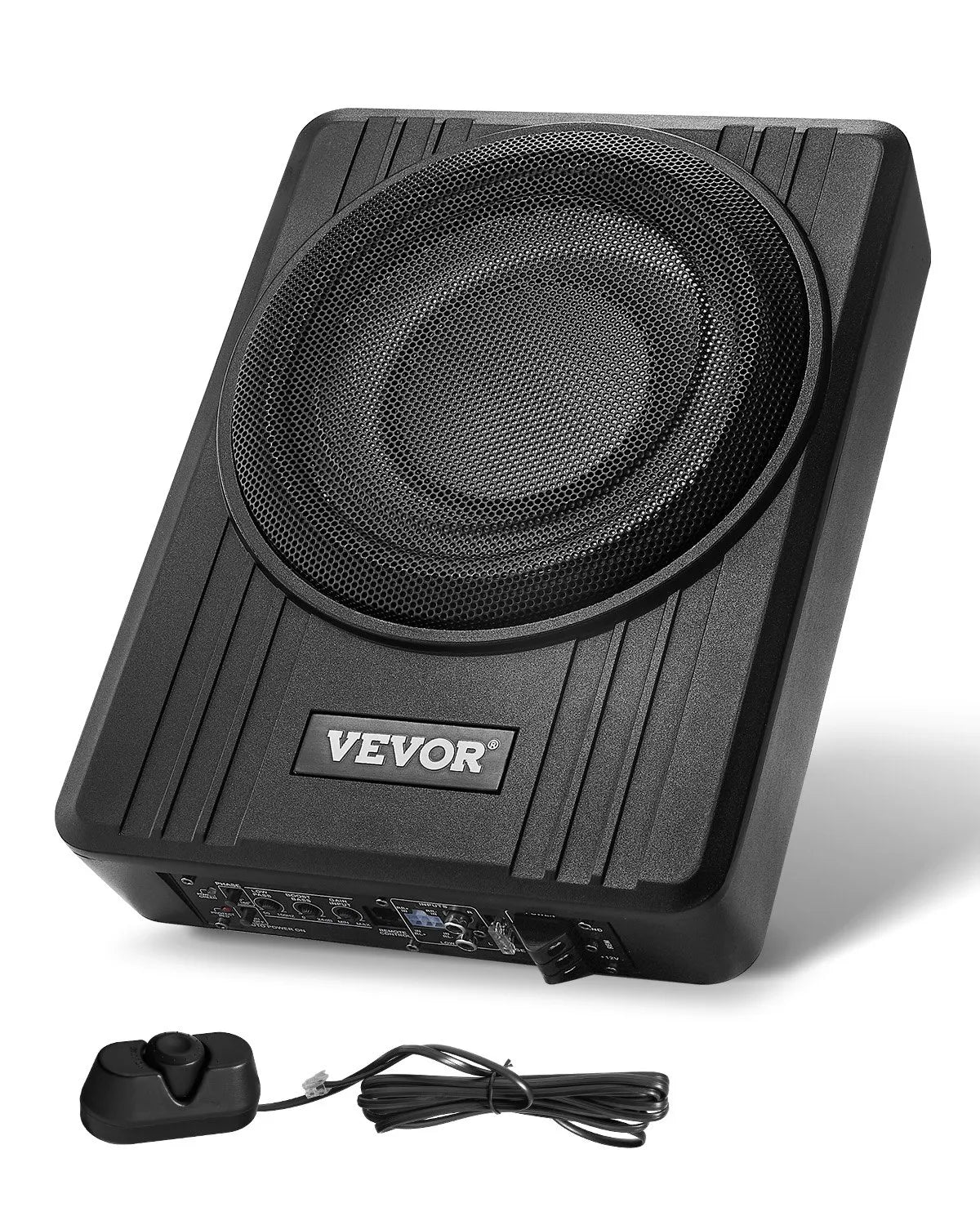 VEVOR 25 cm 300 W zem sēdekļa automašīnas subwooferis ar pastiprinātāju, zema profila aktīvais auto subwooferis ar iebūvētu pastiprinātāju, High/Low Level ieejas un skaļuma regulatoru, piemērots SUV, automašīnām, kravas auto un RV