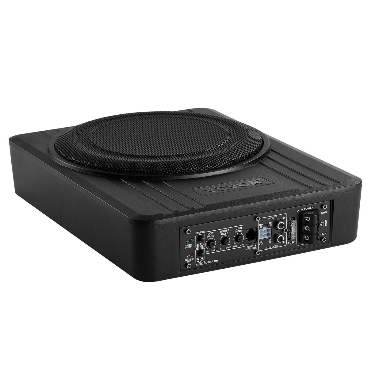 VEVOR 25 cm 300 W zem sēdekļa automašīnas subwooferis ar pastiprinātāju, zema profila aktīvais auto subwooferis ar iebūvētu pastiprinātāju, High/Low Level ieejas un skaļuma regulatoru, piemērots SUV, automašīnām, kravas auto un RV